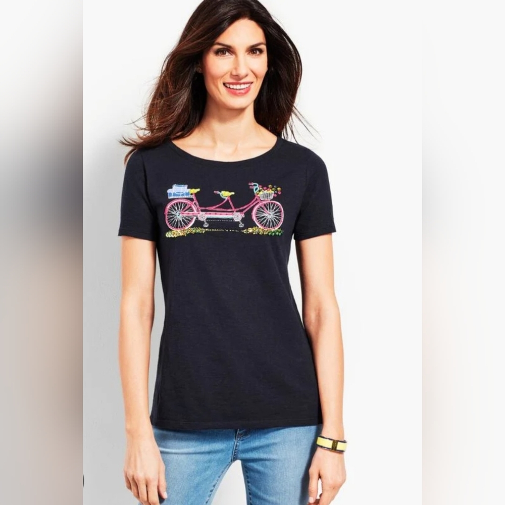 Talbots Women Top Dark Navy L Beaded Sequined Double Seat Bicycle Tee
